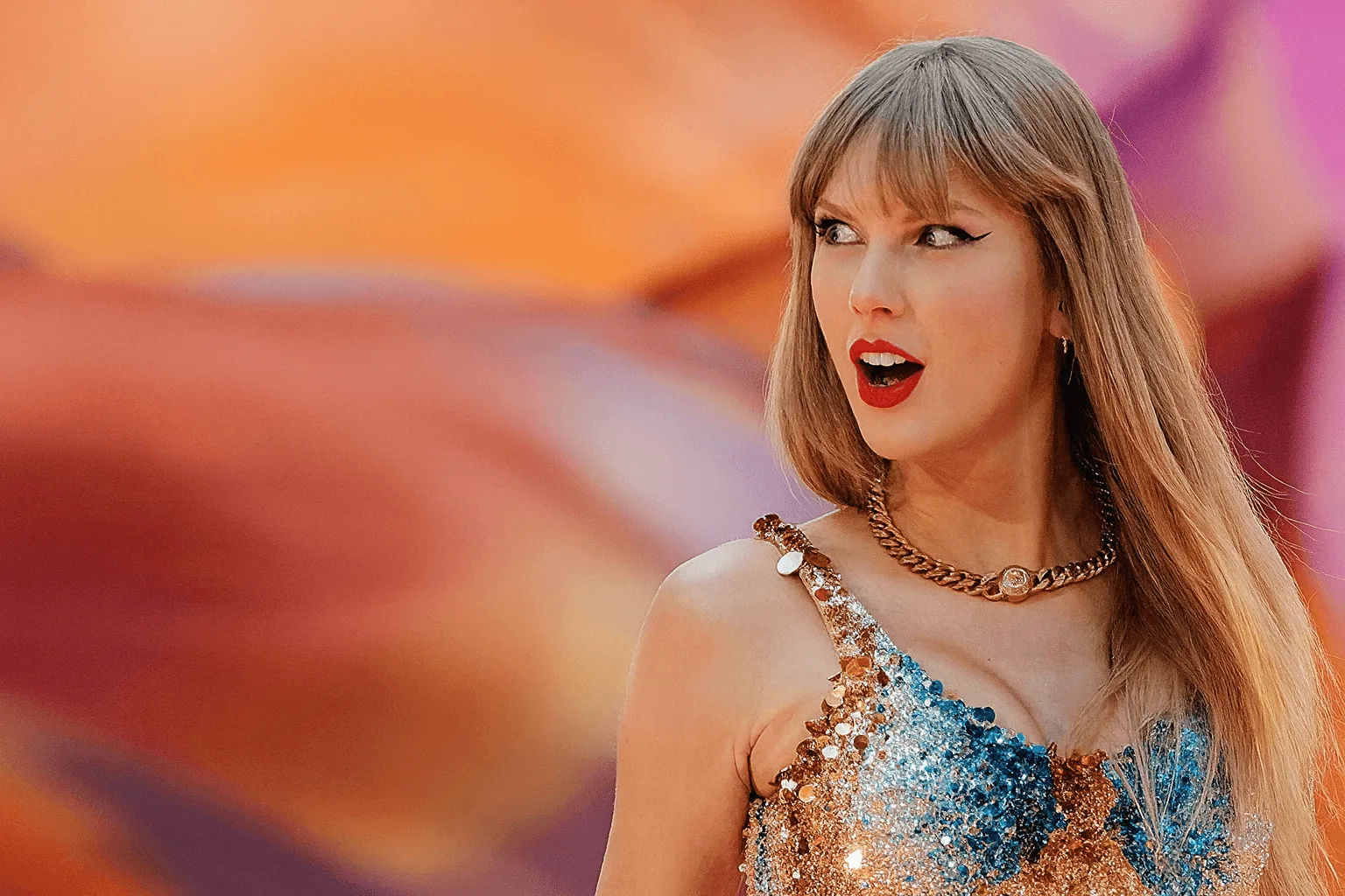 Taylor Swift stands in a sparkling dress against a colourful background and text includes A Fascinating Look at Dialect Change.