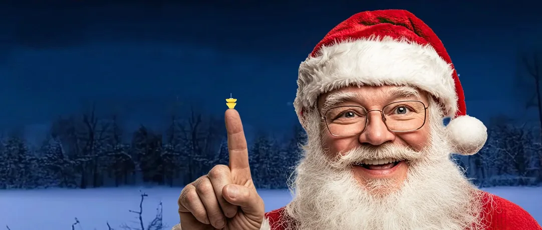 Father Christmas points upward with a ear plug balanced on his finger. Text beside him reads: Give yourself the gift of better hearing this Christmas.