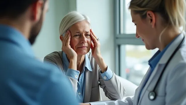 Woman consulting doctor, looking concerned.