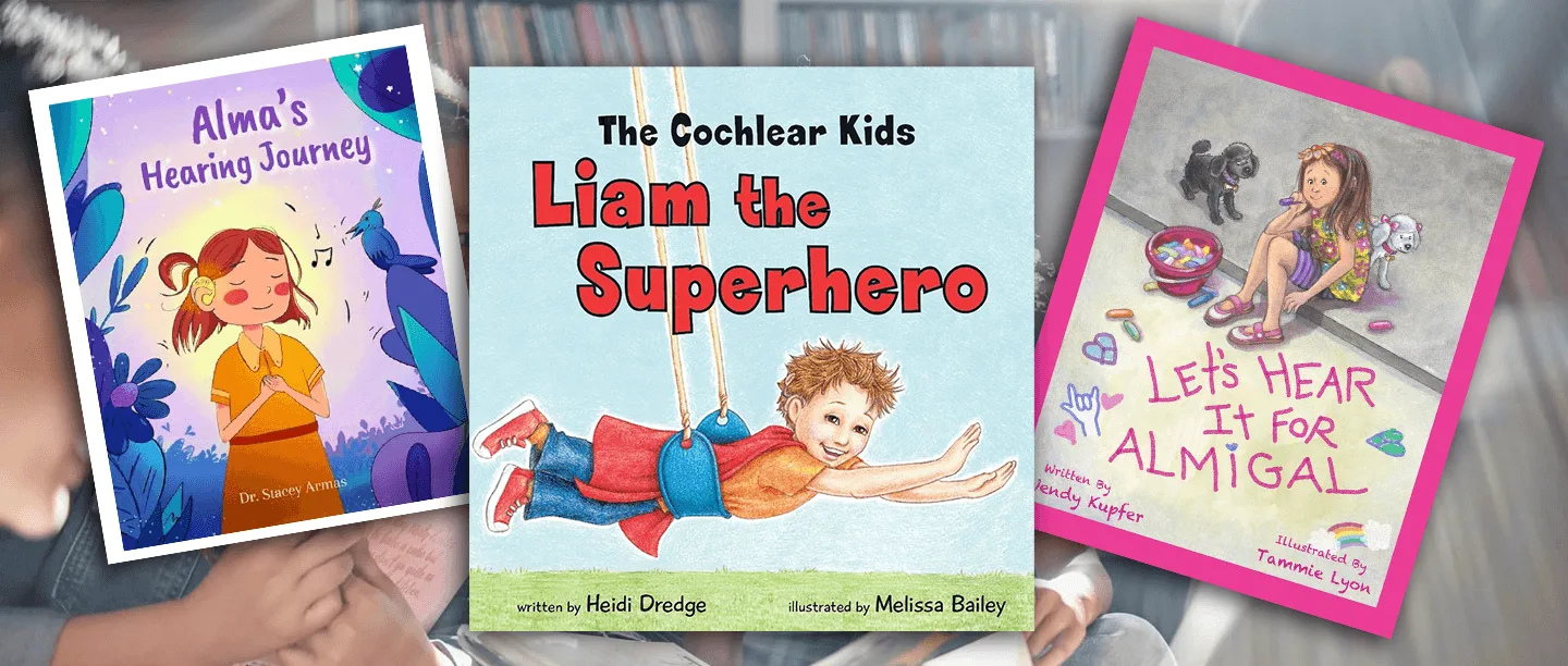 Three illustrated children's book covers about hearing