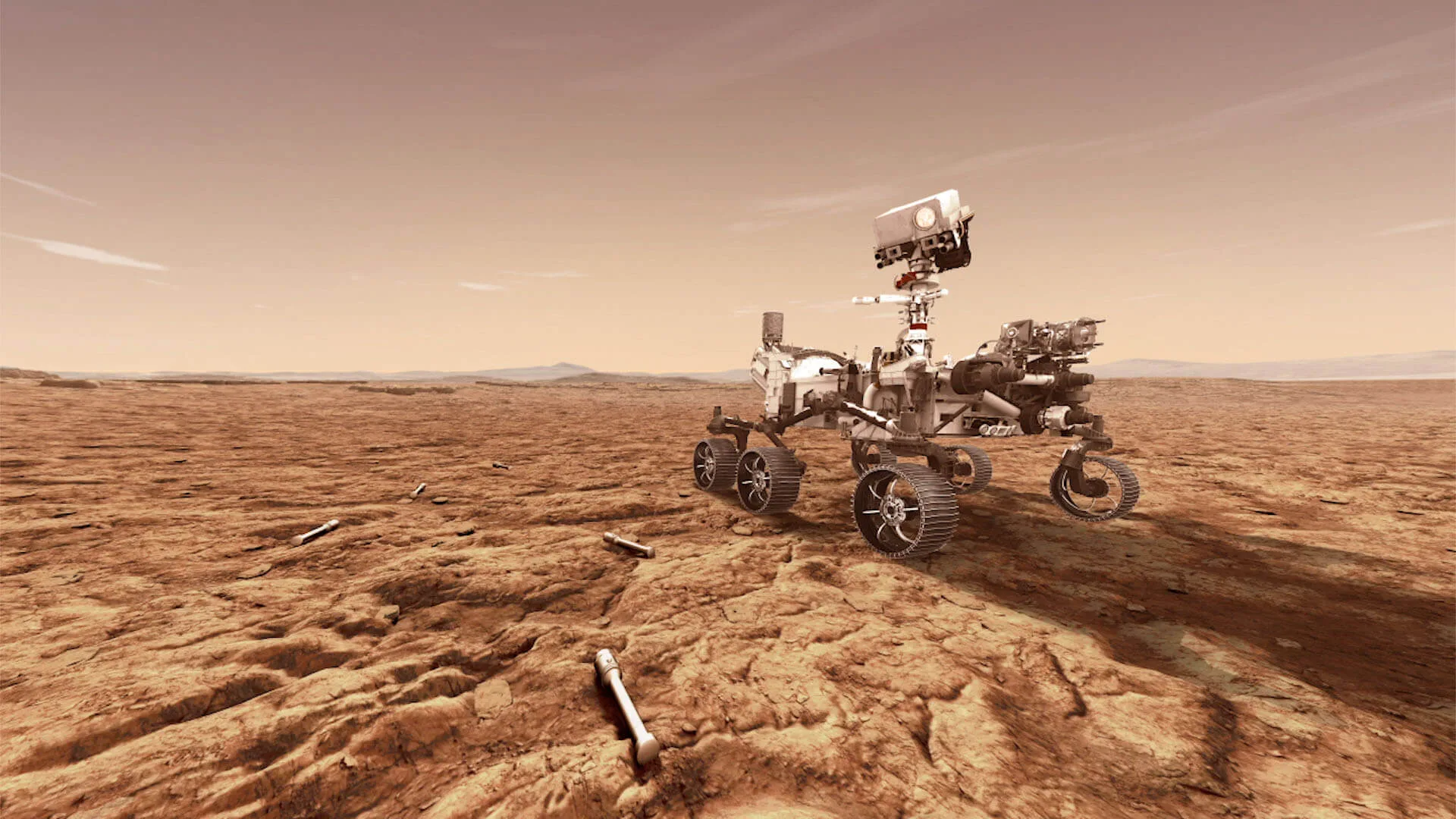 Mars rover on rocky terrain.