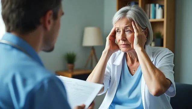 Woman with headache consulting doctor.