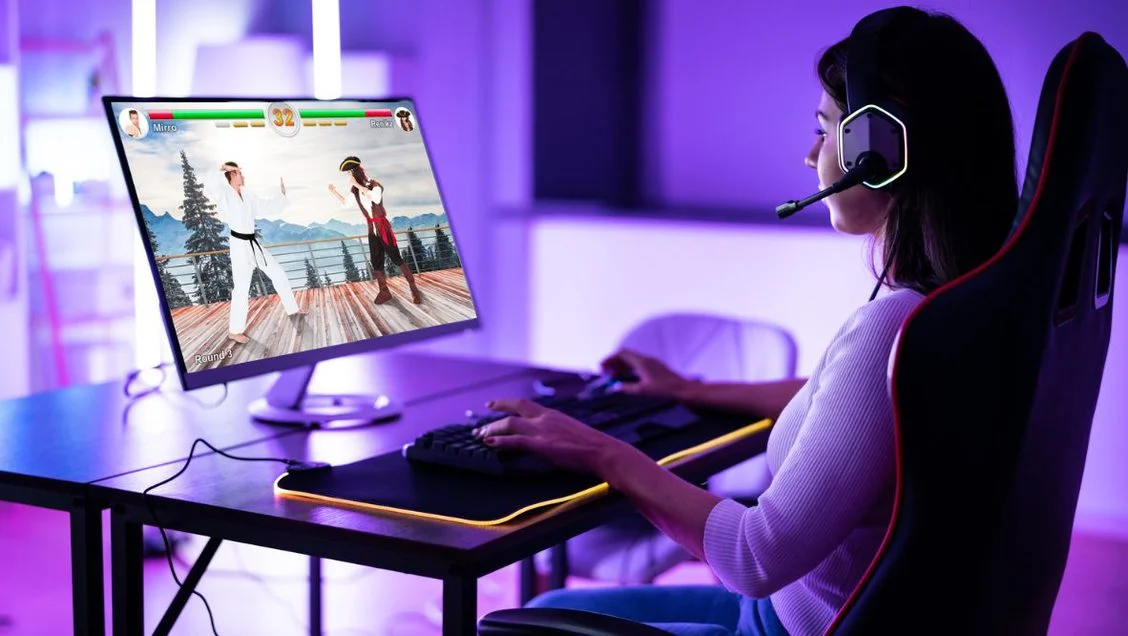 Gamer playing fighting game