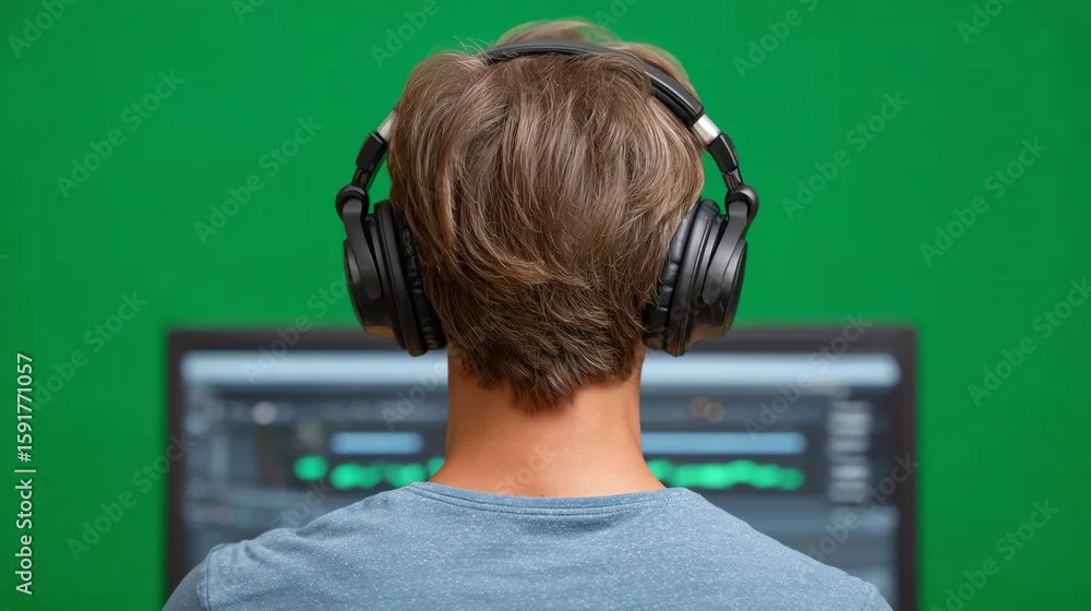 Headphones, person, computer, green background.