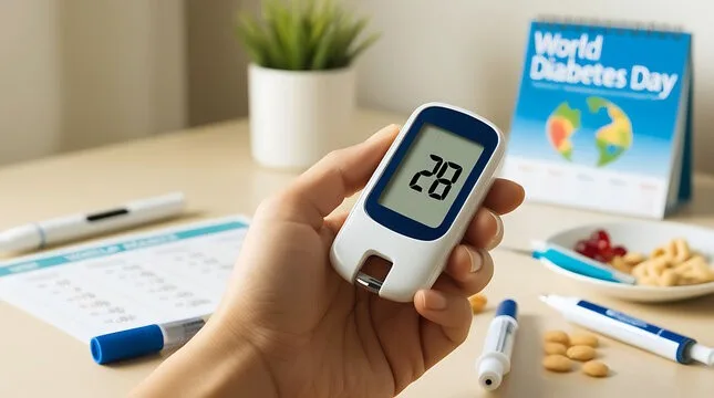 Hand holding glucose meter.