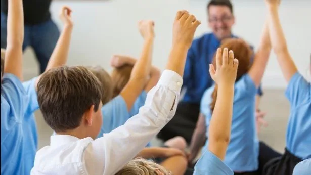 Students raising hands in classroom