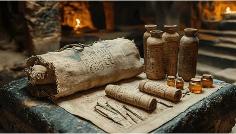 Ancient scrolls and jars.
