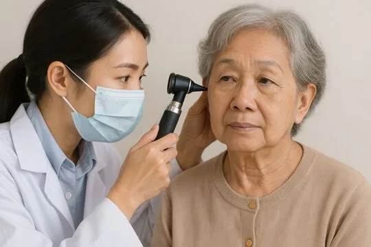 Doctor examining patient's ear.