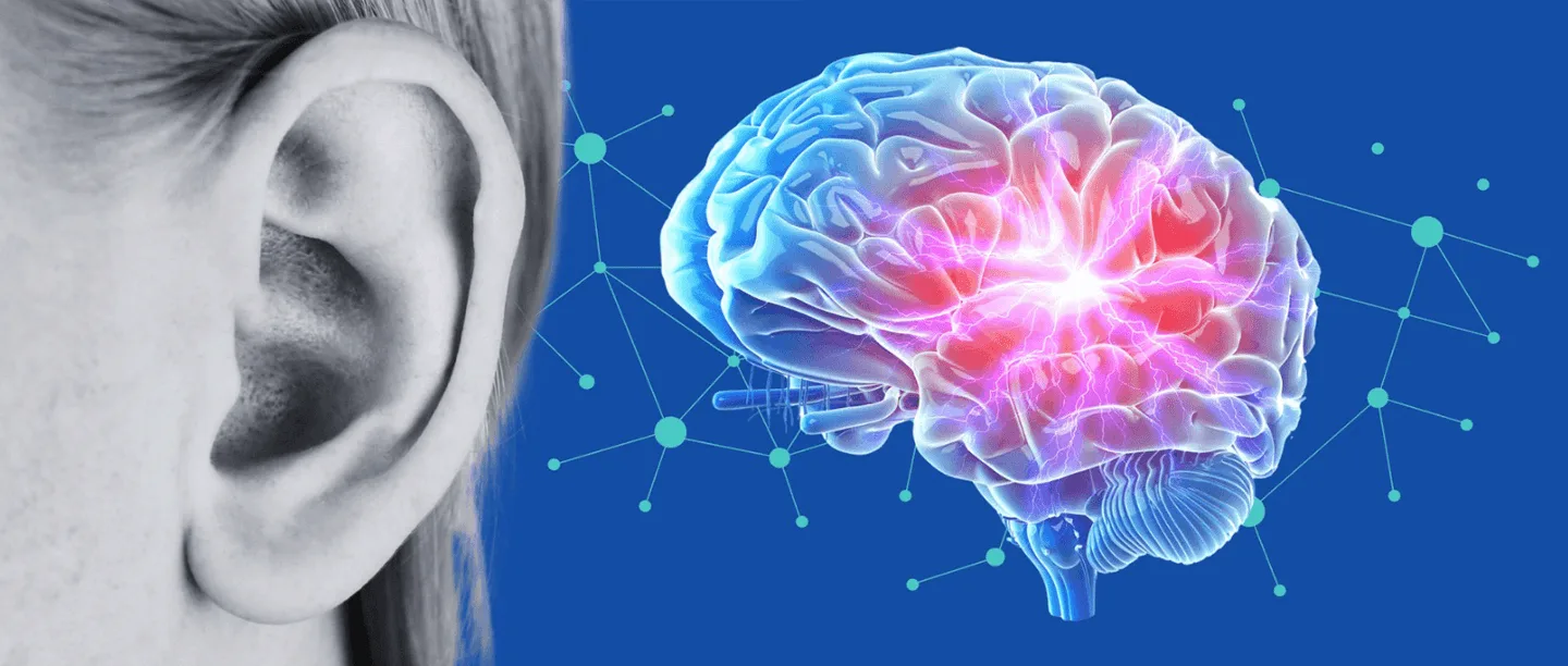Close-up of a human ear beside an illustrated brain highlights the link between hearing loss and dementia on blue background