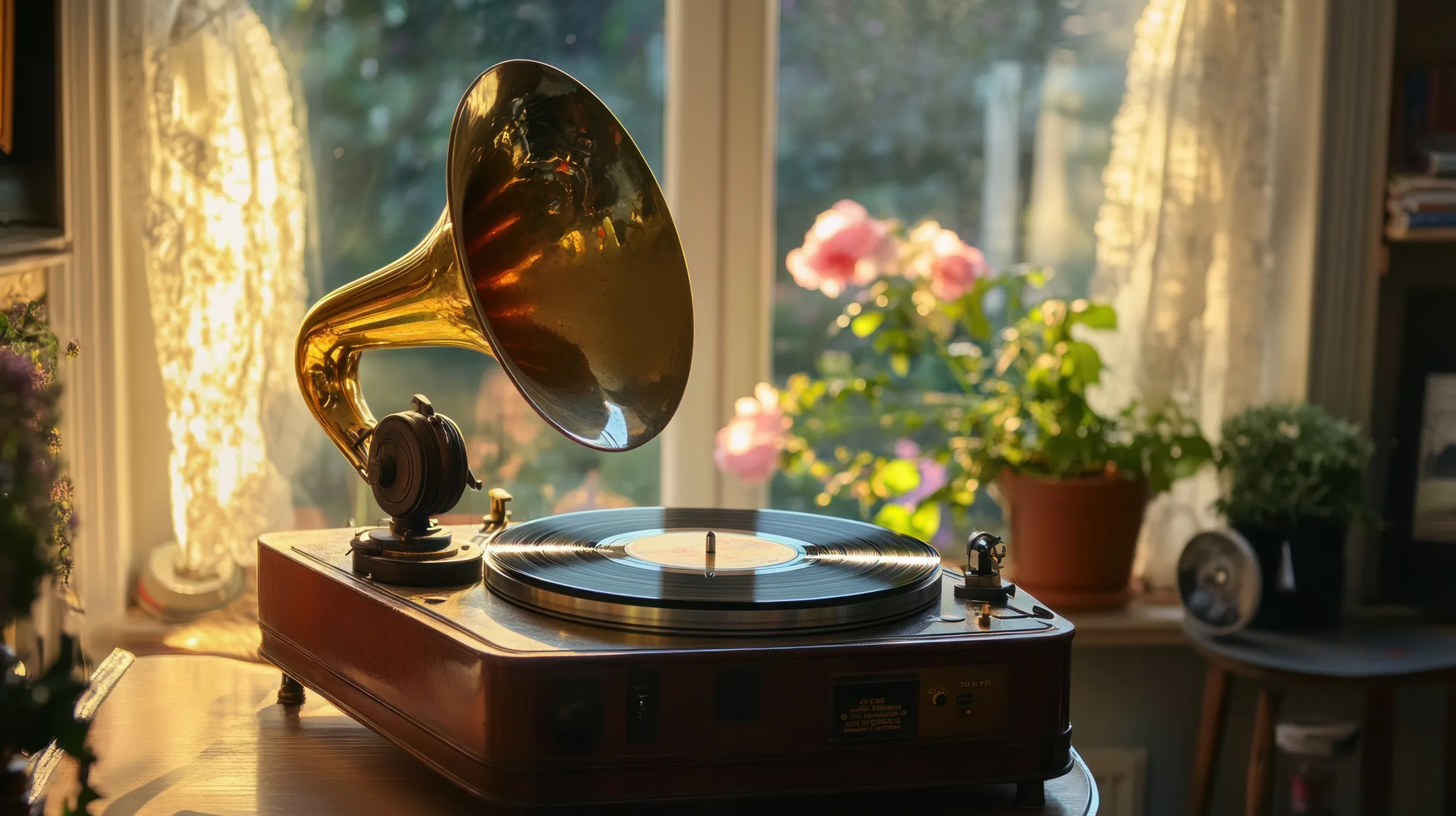 Vintage gramophone by window.