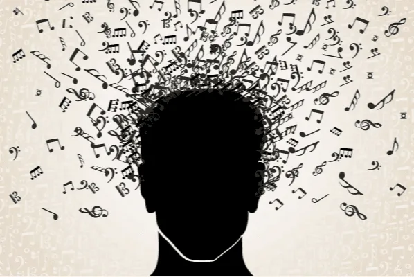 Silhouette with musical notes.