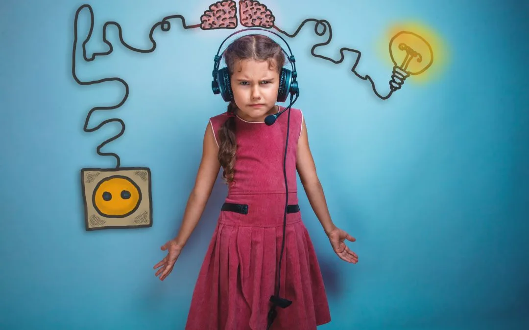 Girl with headset thinking.