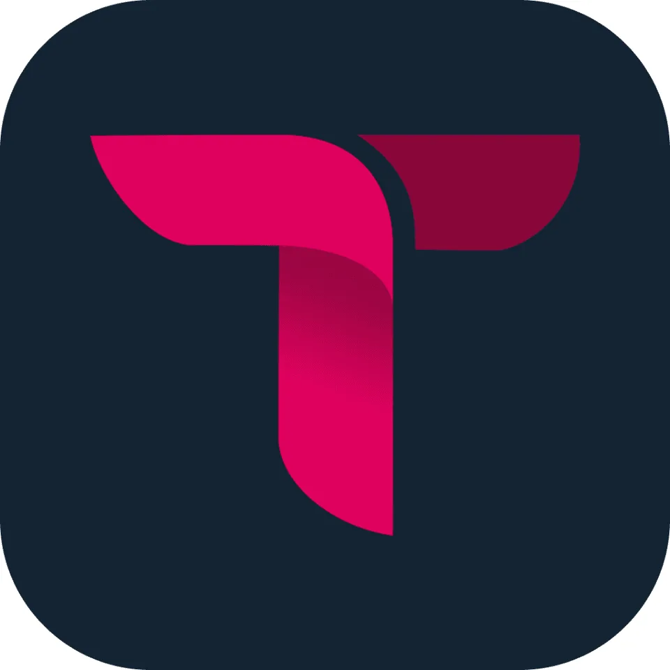Pink and maroon logo "T".