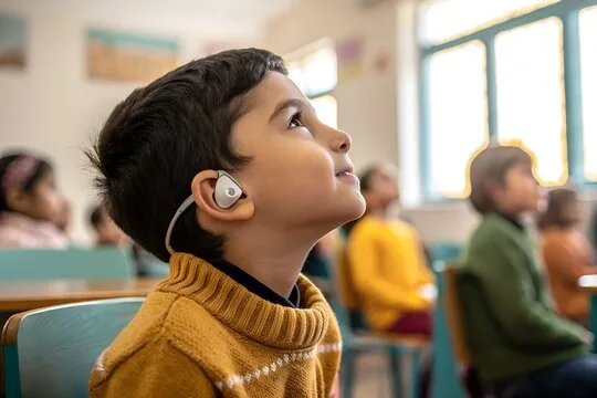 Child in classroom listening attentively.