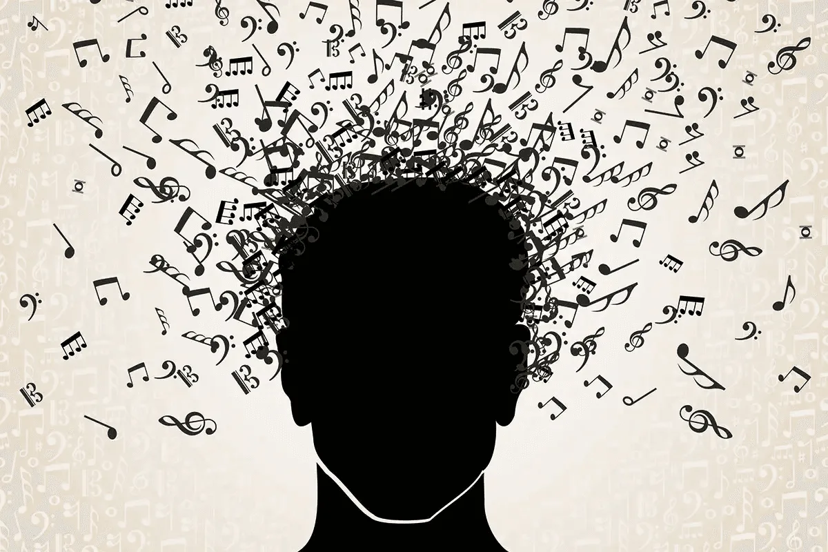 Silhouette with musical notes.