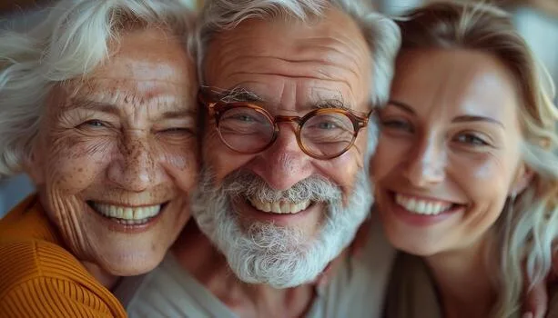 Three people smile closely together for a photo: an elderly woman with white hair