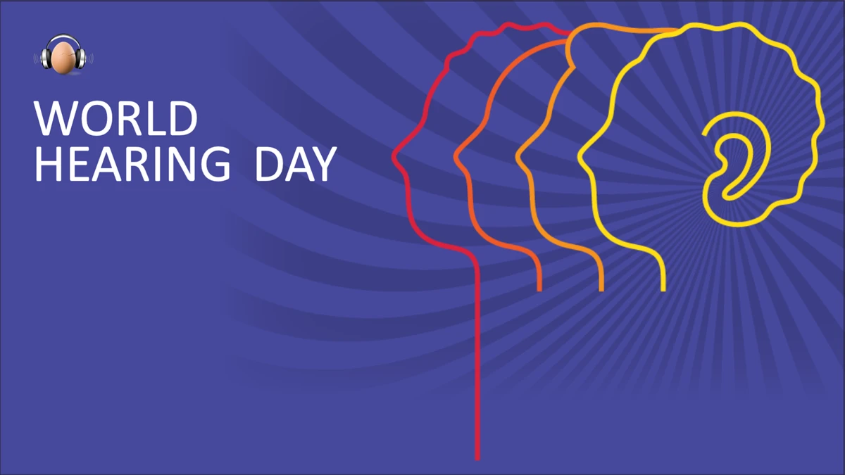 World Hearing Day graphic with three human head profiles in red