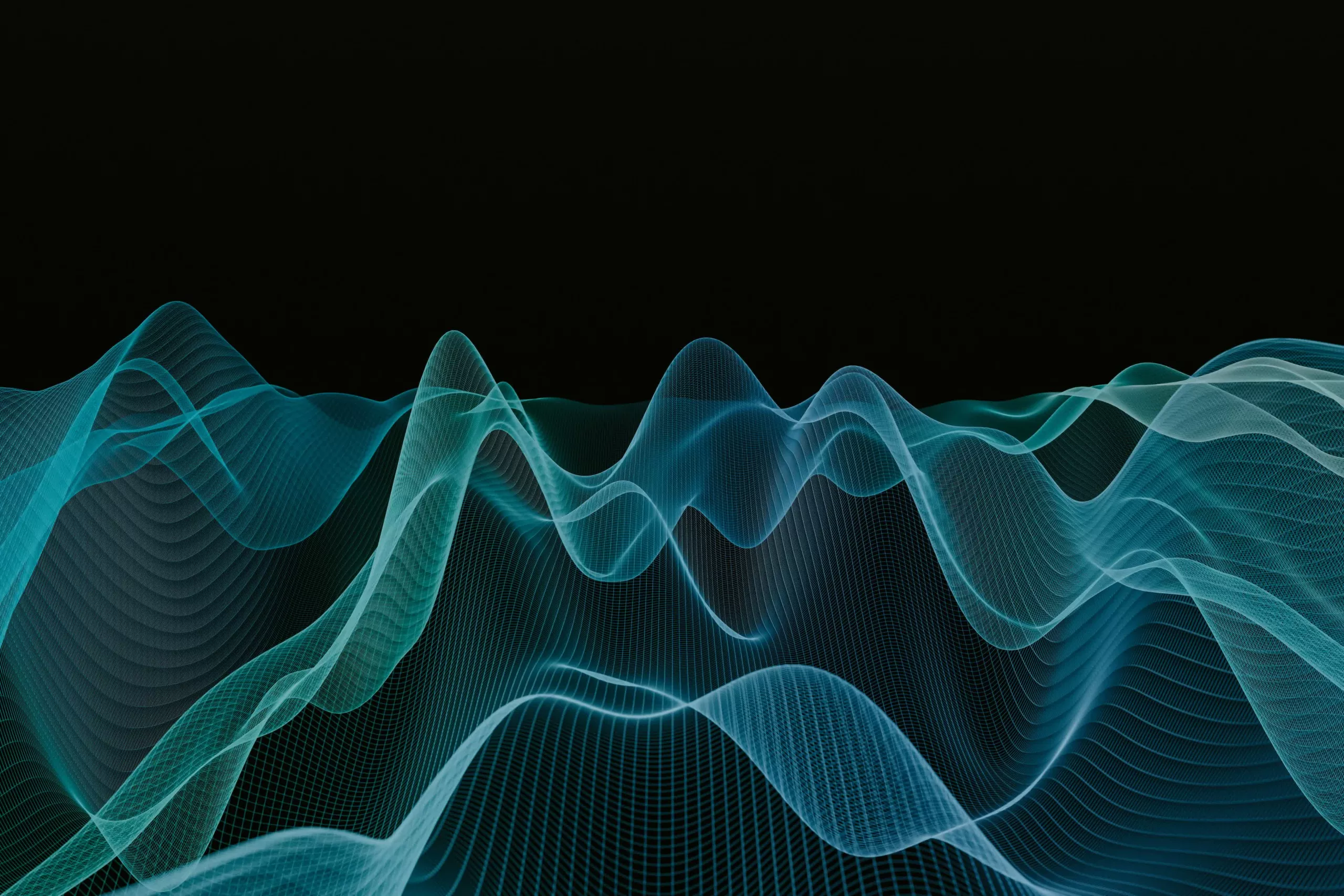 Blue and green digital waves with a grid pattern rise and fall against a black background